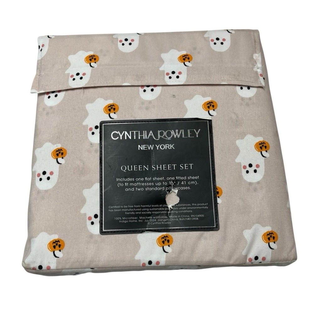 Cynthia Rowley Queen Sheet Set Pink Ghost Pumpkin Print Halloween Whimsy 4 PC